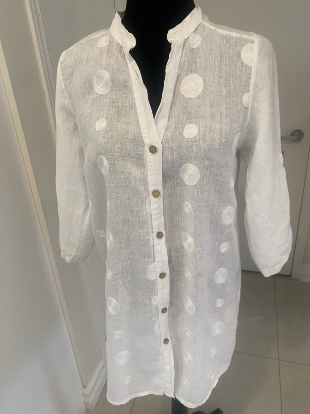 LINEN ROSEMARINE Made in Italy  long White  3/4 Length sleeve Blouse Size Small - Picture 2 of 13